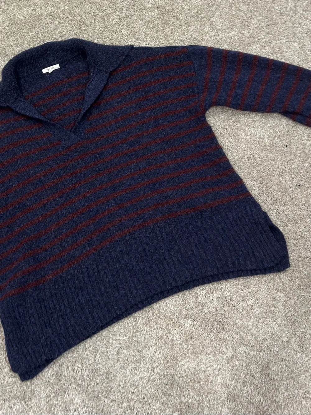 Maurices Cozier than Cashmere Navy and Maroon Striped V-Neck Collared Sweater
